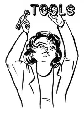 An illustration of a women nailing up a sign that says 'Tools'.